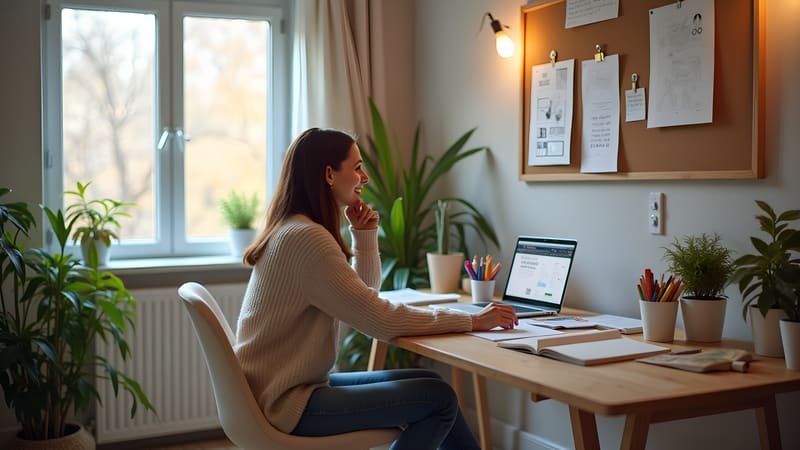 Femme en télétravail souriant devant son ordinateur portable sur un bureau en bois avec des plantes
