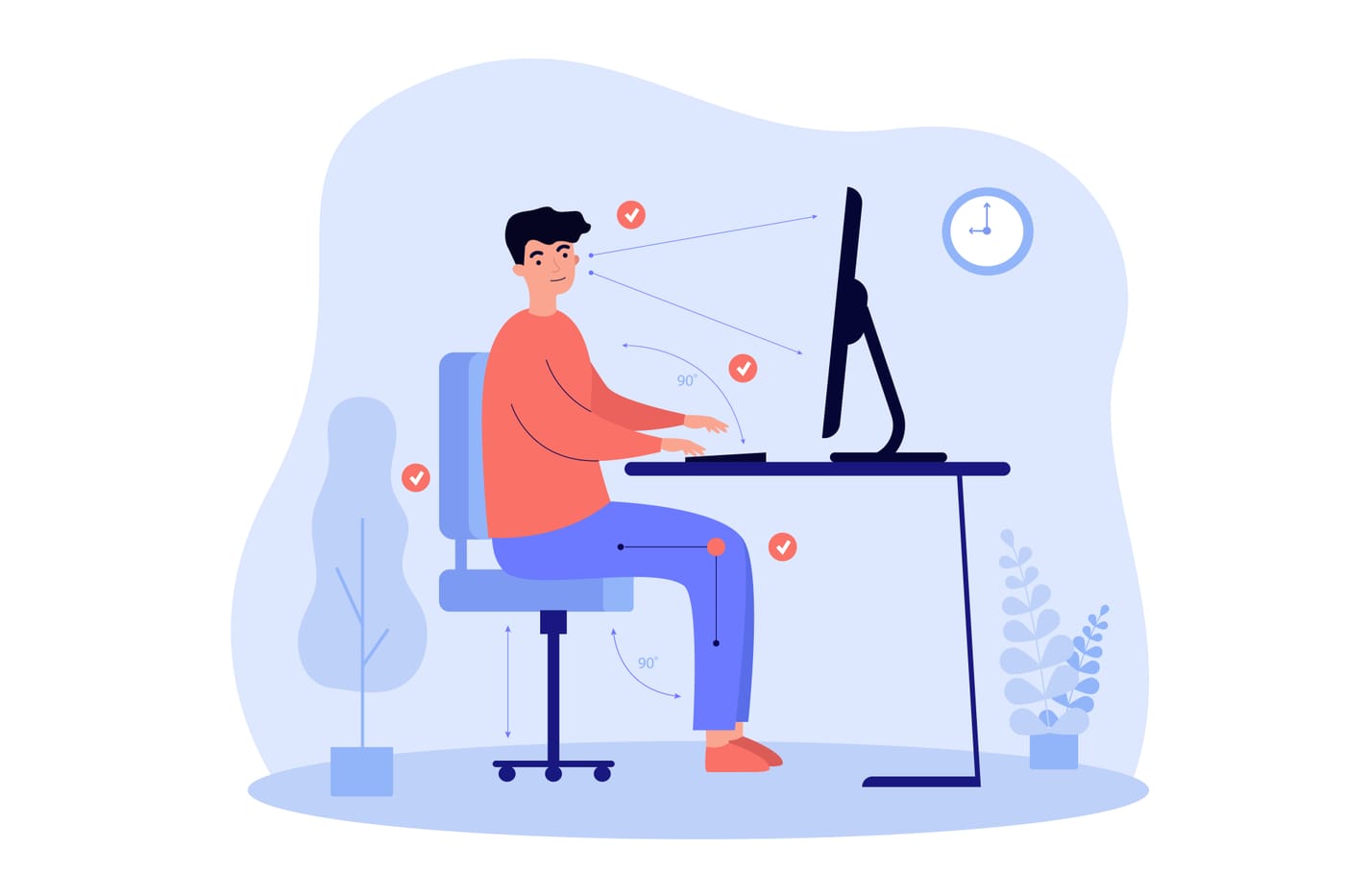 Homme assis devant son ordinateur adoptant une posture ergonomique avec des angles à 90 degrés