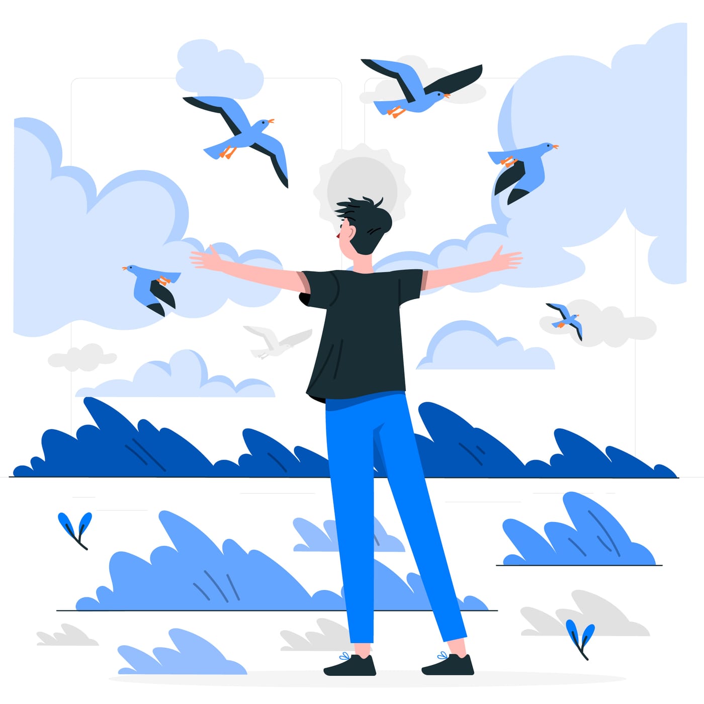Personne vue de dos écartant les bras face à la mer, entourée d'oiseaux en vol sous les nuages