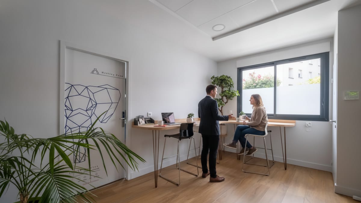 Homme en costume discutant avec une femme assise à un bureau dans un espace de coworking