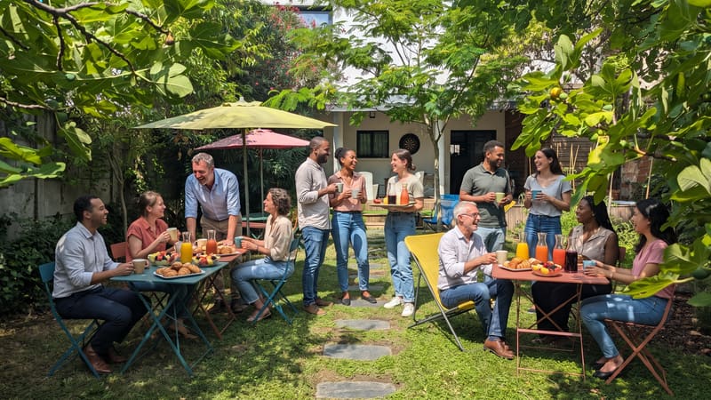 Coworkers souriants partageant un petit-déjeuner convivial dans le jardin d'un espace de coworking