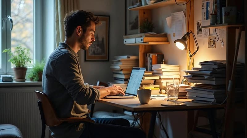 Un homme travaille sur son ordinateur portable à un bureau en bois bien éclairé dans une pièce chaleureuse