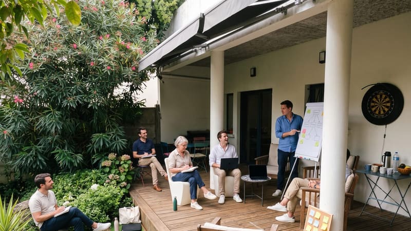 Session de travail en extérieur sur une terrasse en bois entourée d'un jardin verdoyant