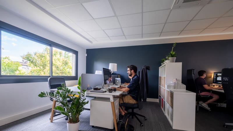 Employés travaillant ensemble sur des postes informatiques dans l'espace lumineux de coworking