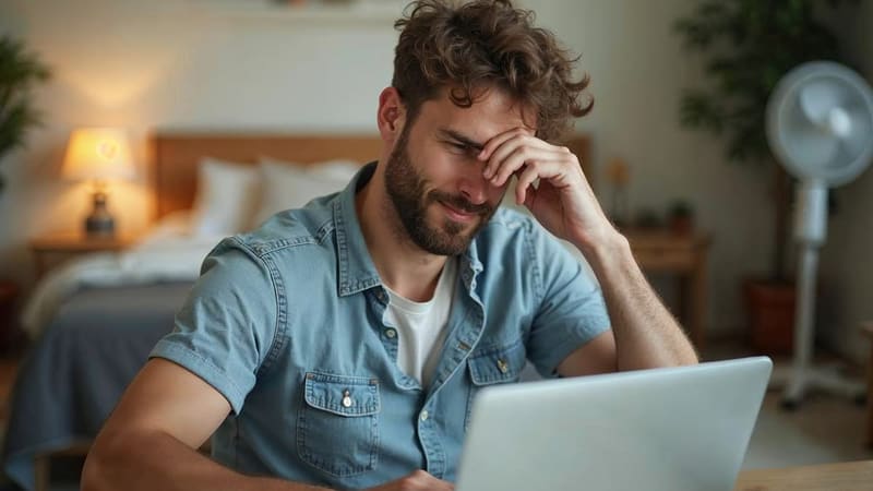 Un homme barbu fatigué par la chaleur travaille sur son ordinateur portable dans une pièce sans climatisation