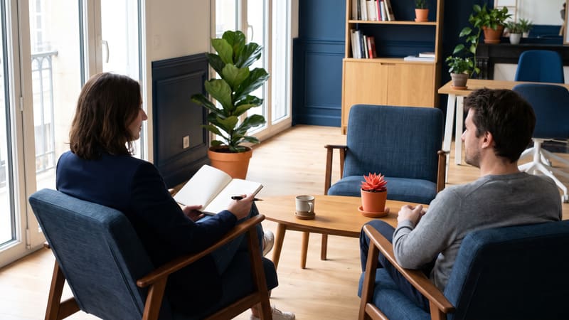 Deux collègues échangent dans des fauteuils autour d'une table basse dans un espace de coworking lumineux