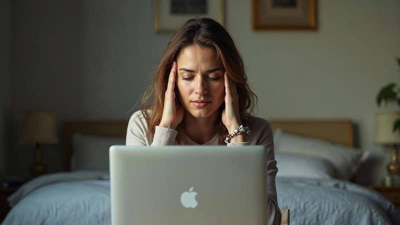 Une femme fatiguée tient sa tête à deux mains devant son ordinateur portable en télétravail
