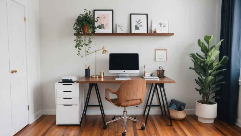 Bureau de télétravail lumineux avec ordinateur, chaise en bois, étagère et grande plante d'intérieur