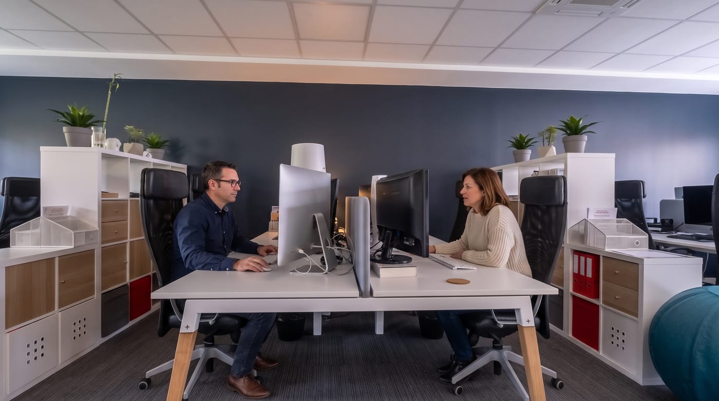 Deux professionnels travaillant sur ordinateur face à face dans un bureau partagé