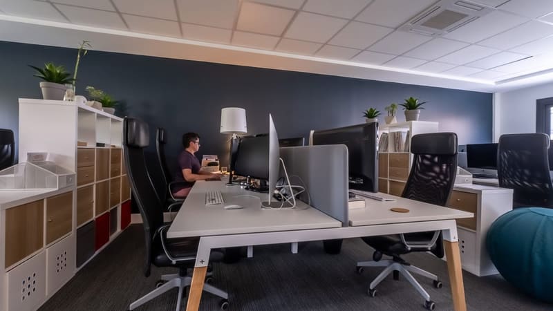 Personne travaillant dans un open space de coworking aménagé avec bureaux équipés et plantes