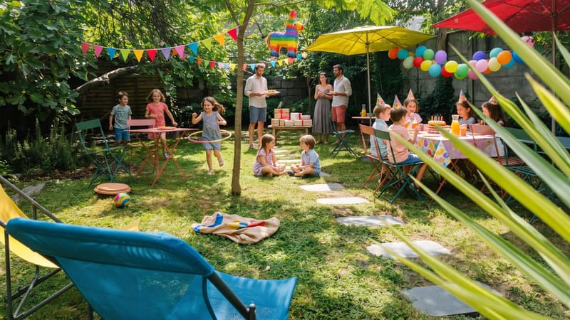 Jardin verdoyant aménagé avec tables colorées, ballons et enfants jouant pour un anniversaire éco-responsable