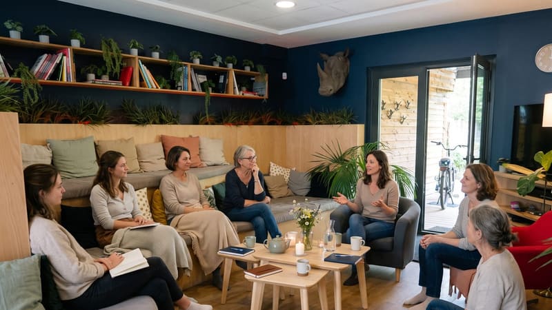 Femmes réunies en cercle pour un séminaire dans un espace chaleureux et végétalisé