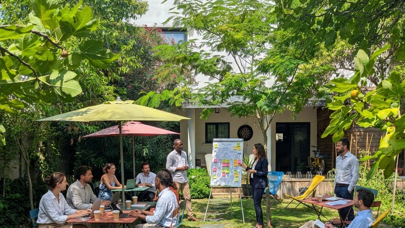 Réunion de travail et atelier d'équipe dans le jardin arboré d'une maison à Bordeaux