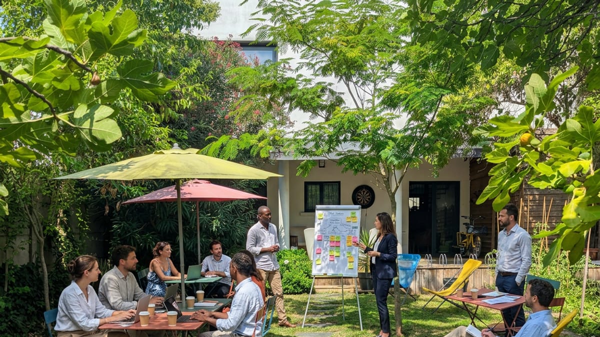 Réunion de travail et atelier d'équipe dans le jardin arboré d'une maison à Bordeaux