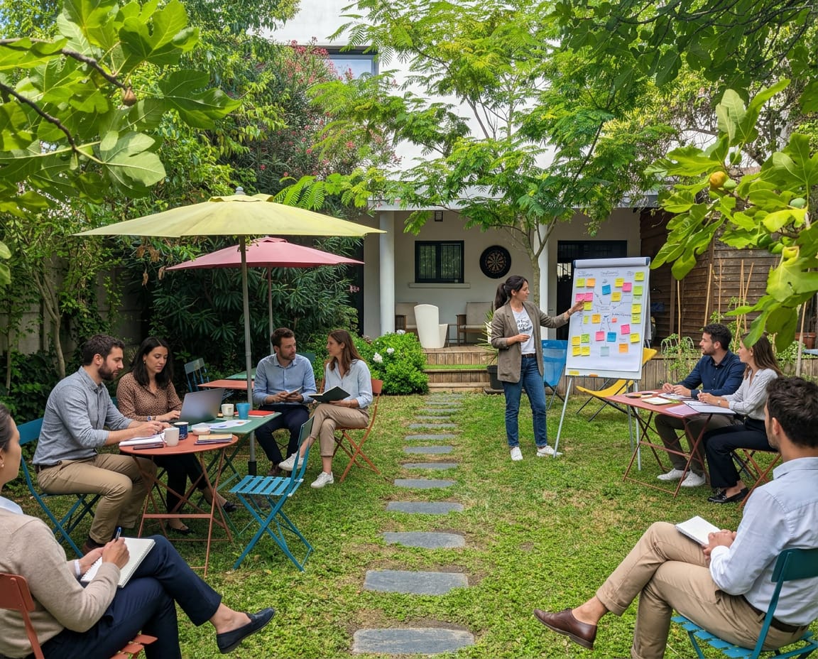 Réunion de travail d'une équipe dans le jardin d'une maison à Bordeaux autour d'un paperboard