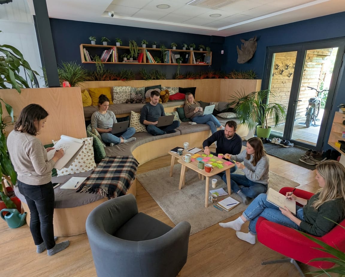 Équipe en session de travail collaborative et brainstorming dans le salon chaleureux d'un coworking