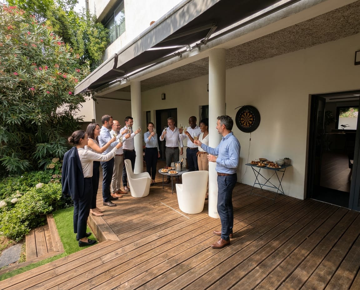 Groupe de professionnels trinquant sur la terrasse en bois d'une maison avec jardin