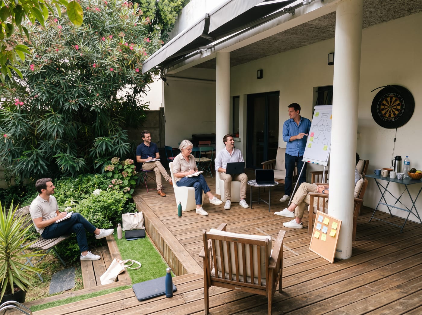 Équipe en brainstorming collaboratif sur une terrasse extérieure lumineuse chez BigFive Coworking à Bordeaux