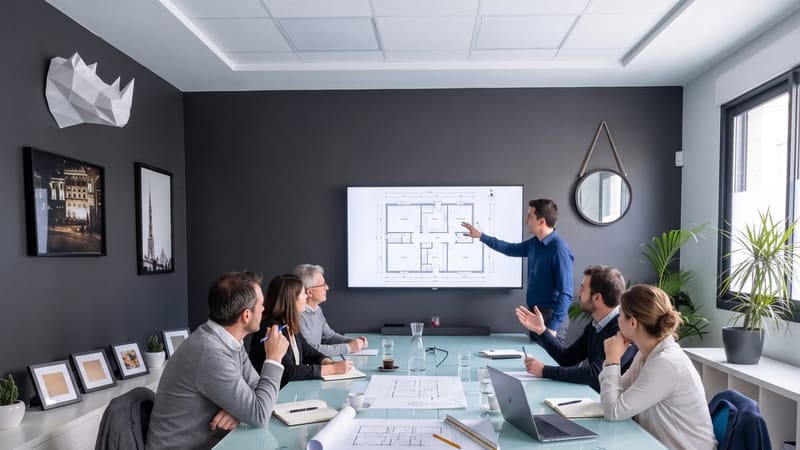 Petite équipe attentive assistant à une présentation de plans architecturaux dans une salle de réunion