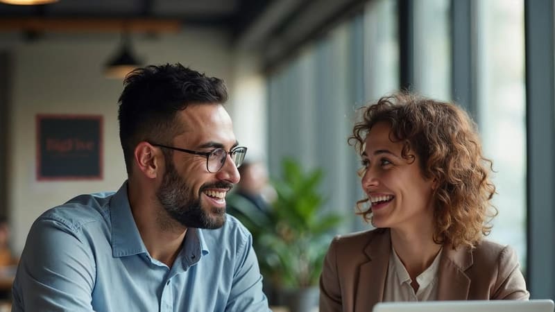 Un homme et une femme sourient et discutent dans un espace de coworking lumineux à Bordeaux