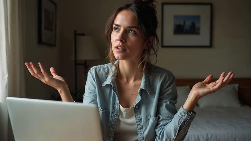 Une femme en télétravail chez elle hausse les épaules, perplexe devant son ordinateur portable
